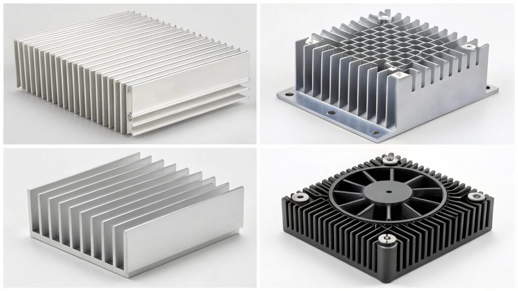 An assortment of aluminum heat sinks for electronics